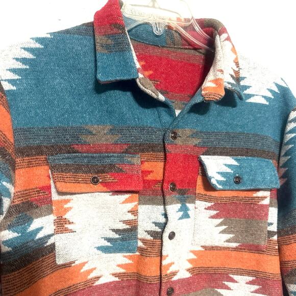 Southwest Aztec Barn Chore Blanket Jacket Women Sz L Western Red Teal Fall Boho - Picture 3 of 9